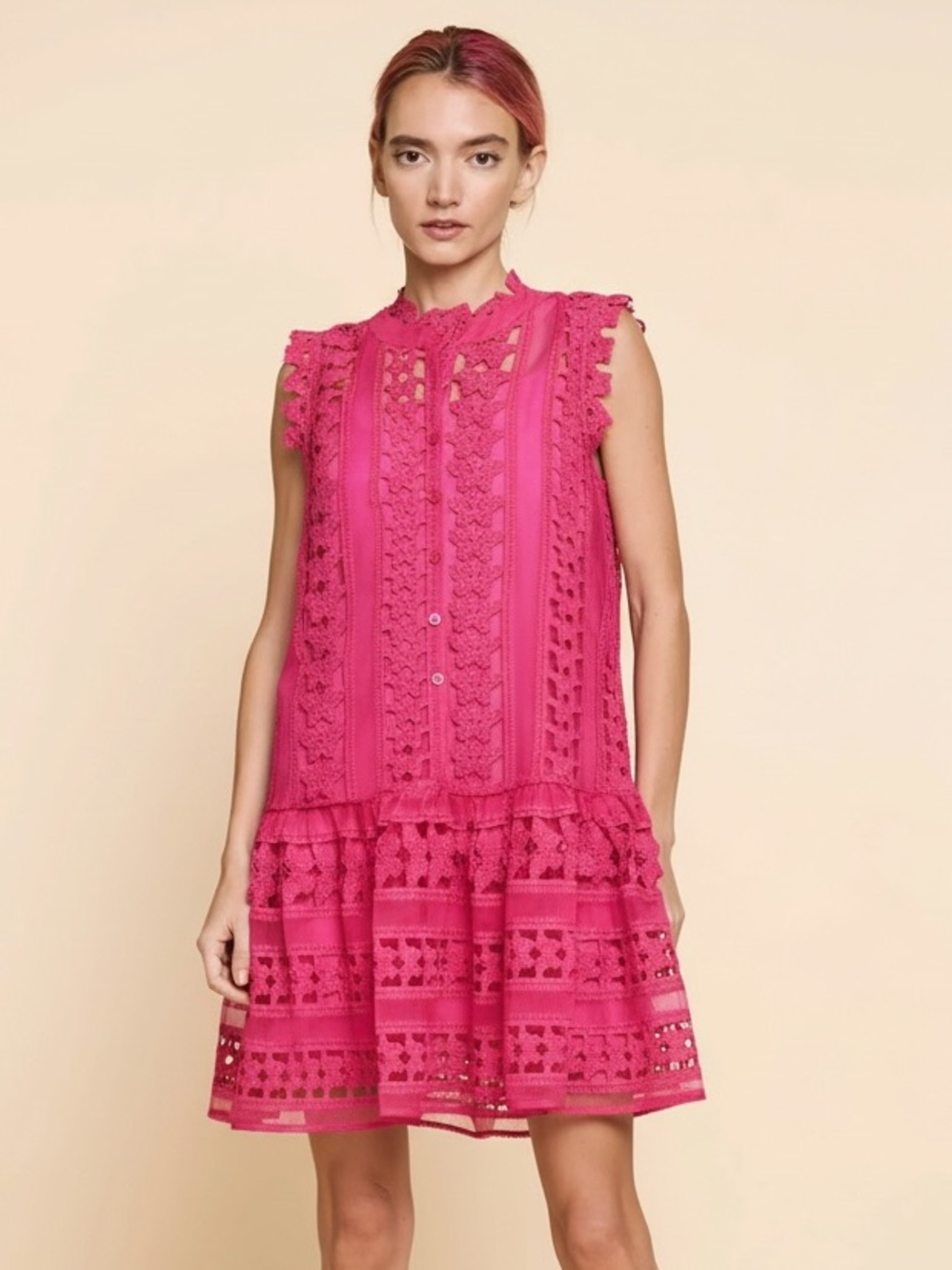 CIEBON Cara Butterfly Lace Shift Dress in fuchsia